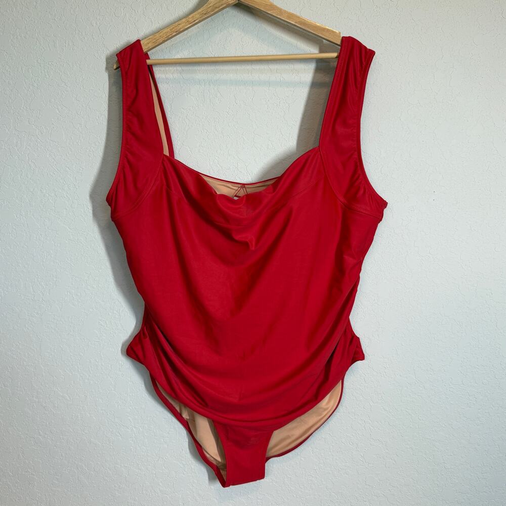 J. Crew Women's Red Square Neck Side Ruched One Piece Bathing Suit Size 22 NEW